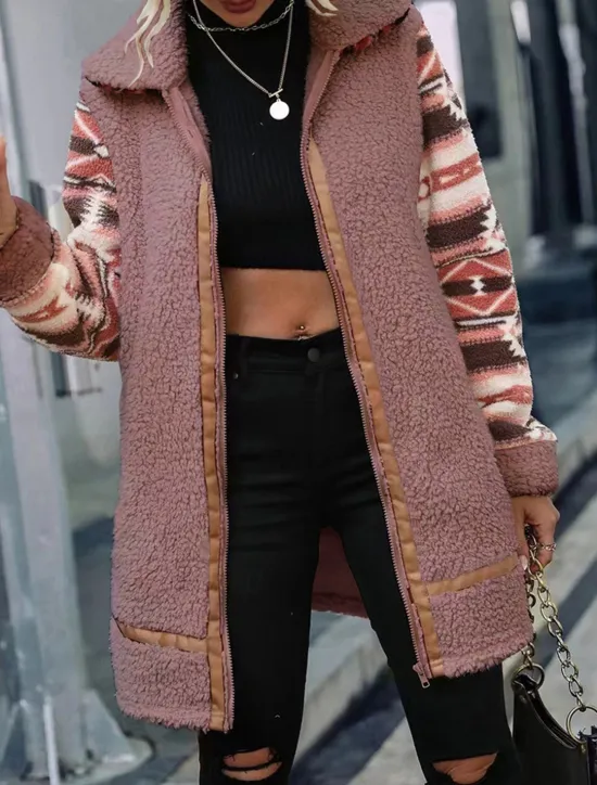 New Women's Fleece Jacket Teddy Coat Hoodie Jacket Warm Breathable Zipper Pocket Fleece Lined Vintage Casual Geometric Vacation Street Daily Wear Going out Zipper Long Turndown Regular Fit Long Sleeve Women Jackets
