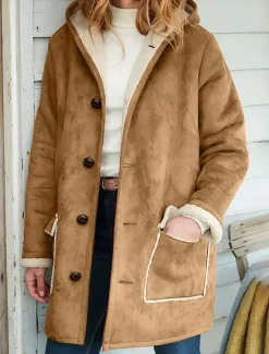 Discount Women's Fleece Jacket Teddy Coat Warm Breathable Buttons Pocket Fleece Lined Casual Plain Vacation Street Daily Wear Going out Zipper Long Hoodie Regular Fit Long Sleeve Outerwear Brown Khaki Gray Women Puffers & Parka