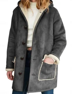 Discount Women's Fleece Jacket Teddy Coat Warm Breathable Buttons Pocket Fleece Lined Casual Plain Vacation Street Daily Wear Going out Zipper Long Hoodie Regular Fit Long Sleeve Outerwear Brown Khaki Gray Women Puffers & Parka