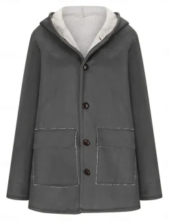 Discount Women's Fleece Jacket Teddy Coat Warm Breathable Buttons Pocket Fleece Lined Casual Plain Vacation Street Daily Wear Going out Zipper Long Hoodie Regular Fit Long Sleeve Outerwear Brown Khaki Gray Women Puffers & Parka