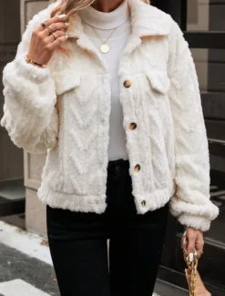 Women's Fleece Jacket Teddy Coat Warm Breathable Buttons Pocket Casual Plain Vacation Street Daily Wear Going out Single Breasted Regular Turndown Regular Fit Long Sleeve Outerwear Fall Winter Women Blazers & Suits
