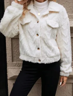 Women's Fleece Jacket Teddy Coat Warm Breathable Buttons Pocket Casual Plain Vacation Street Daily Wear Going out Single Breasted Regular Turndown Regular Fit Long Sleeve Outerwear Fall Winter Women Blazers & Suits