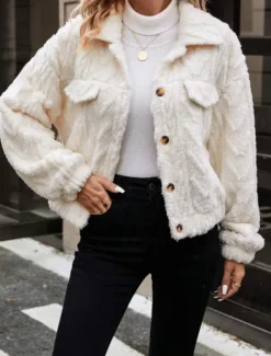 Women's Fleece Jacket Teddy Coat Warm Breathable Buttons Pocket Casual Plain Vacation Street Daily Wear Going out Single Breasted Regular Turndown Regular Fit Long Sleeve Outerwear Fall Winter Women Blazers & Suits