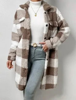 Sale Women's Fleece Jacket Teddy Coat Warm Breathable Pocket Fleece Lined Casual Plaid Vacation Street Daily Wear Going out Single Breasted Long Turndown Regular Fit Long Sleeve Outerwear Black Blue Women Coats & Trench Coats