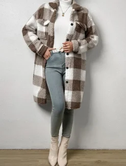 Sale Women's Fleece Jacket Teddy Coat Warm Breathable Pocket Fleece Lined Casual Plaid Vacation Street Daily Wear Going out Single Breasted Long Turndown Regular Fit Long Sleeve Outerwear Black Blue Women Coats & Trench Coats