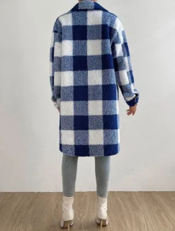 Sale Women's Fleece Jacket Teddy Coat Warm Breathable Pocket Fleece Lined Casual Plaid Vacation Street Daily Wear Going out Single Breasted Long Turndown Regular Fit Long Sleeve Outerwear Black Blue Women Coats & Trench Coats