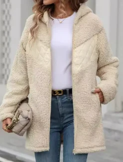 Online Women's Fleece Jacket Teddy Coat Hoodie Jacket Warm Breathable Zipper Pocket Fleece Lined Casual Plain Vacation Street Daily Wear Going out Zipper Regular Hoodie Regular Fit Long Sleeve Outerwear Women Jackets|Coats & Trench Coats