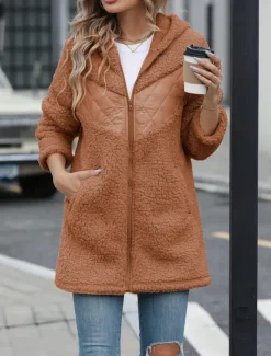 Online Women's Fleece Jacket Teddy Coat Hoodie Jacket Warm Breathable Zipper Pocket Fleece Lined Casual Plain Vacation Street Daily Wear Going out Zipper Regular Hoodie Regular Fit Long Sleeve Outerwear Women Jackets|Coats & Trench Coats