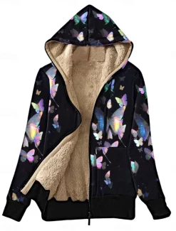 Sale Women's Fleece Jacket Teddy Coat Hoodie Jacket Warm Breathable Zipper Pocket Fleece Lined Casual Butterfly Vacation Street Daily Wear Going out Zipper Regular Hoodie Regular Fit Long Sleeve Outerwear Women Jackets|Fleece-Lined Jackets
