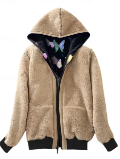 Sale Women's Fleece Jacket Teddy Coat Hoodie Jacket Warm Breathable Zipper Pocket Fleece Lined Casual Butterfly Vacation Street Daily Wear Going out Zipper Regular Hoodie Regular Fit Long Sleeve Outerwear Women Jackets|Fleece-Lined Jackets