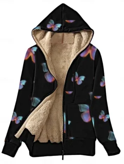 Sale Women's Fleece Jacket Teddy Coat Hoodie Jacket Warm Breathable Zipper Pocket Fleece Lined Casual Butterfly Vacation Street Daily Wear Going out Zipper Regular Hoodie Regular Fit Long Sleeve Outerwear Women Jackets|Fleece-Lined Jackets