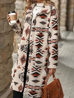 Outlet Women's Fleece Jacket Teddy Coat Warm Breathable Buttons Pocket Fleece Lined Vintage Casual Geometric Vacation Street Daily Wear Going out Single Breasted Long Turndown Regular Fit Long Sleeve Women Coats & Trench Coats