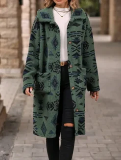 Outlet Women's Fleece Jacket Teddy Coat Warm Breathable Buttons Pocket Fleece Lined Vintage Casual Geometric Vacation Street Daily Wear Going out Single Breasted Long Turndown Regular Fit Long Sleeve Women Coats & Trench Coats