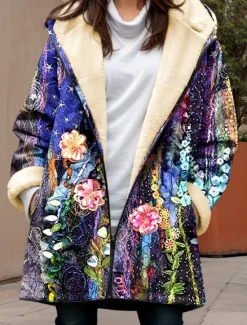 Sale Women's Fleece Jacket Teddy Coat Hoodie Jacket Warm Breathable Zipper Pocket Fleece Lined Casual Floral Vacation Street Daily Wear Going out Zipper Long Hoodie Loose Fit Long Sleeve Outerwear Women Puffers & Parka