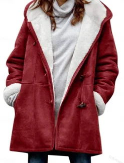 Hot Women's Fleece Jacket Teddy Coat Hoodie Jacket Warm Breathable Zipper Pocket Fleece Lined Casual Plain Vacation Street Daily Wear Going out Zipper Regular Hoodie Regular Fit Long Sleeve Outerwear Red Women Puffers & Parka|Jackets
