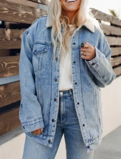 Clearance Women's Fleece Jacket Teddy Coat Denim Jacket Warm Breathable Pocket Fleece Lined Casual Plain Vacation Street Daily Wear Going out Single Breasted Regular Turndown Regular Fit Long Sleeve Outerwear Women Jackets
