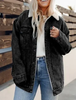 Clearance Women's Fleece Jacket Teddy Coat Denim Jacket Warm Breathable Pocket Fleece Lined Casual Plain Vacation Street Daily Wear Going out Single Breasted Regular Turndown Regular Fit Long Sleeve Outerwear Women Jackets