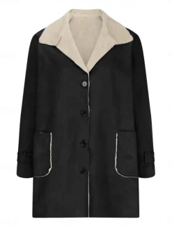 Hot Women's Fleece Jacket Teddy Coat Warm Breathable Buttons Pocket Fleece Lined Casual Plain Vacation Street Daily Wear Going out Single Breasted Regular Turndown Regular Fit Long Sleeve Outerwear Black Women Puffers & Parka