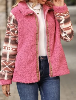 Sale Women's Fleece Jacket Teddy Coat Hoodie Jacket Warm Breathable Zipper Pocket Fleece Lined Vintage Casual Geometric Vacation Street Daily Wear Going out Zipper Regular Turndown Regular Fit Long Sleeve Women Jackets|Coats & Trench Coats