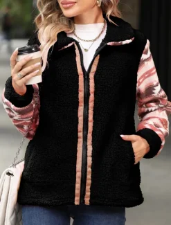 Sale Women's Fleece Jacket Teddy Coat Hoodie Jacket Warm Breathable Zipper Pocket Fleece Lined Vintage Casual Geometric Vacation Street Daily Wear Going out Zipper Regular Turndown Regular Fit Long Sleeve Women Jackets|Coats & Trench Coats