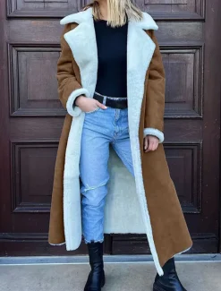 Sale Women's Fleece Jacket Teddy Coat Warm Breathable Pocket Fleece Lined Casual Plain Vacation Street Daily Wear Going out Open Front Long Turndown Regular Fit Long Sleeve Outerwear Black Camel Green Women Furs & Leathers