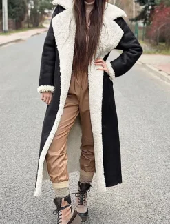 Sale Women's Fleece Jacket Teddy Coat Warm Breathable Pocket Fleece Lined Casual Plain Vacation Street Daily Wear Going out Open Front Long Turndown Regular Fit Long Sleeve Outerwear Black Camel Green Women Furs & Leathers