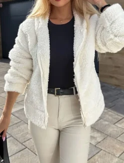 Outlet Women's Fleece Jacket Teddy Coat Hoodie Jacket Warm Breathable Zipper Fleece Lined Casual Plain Vacation Street Daily Wear Going out Zipper Short Hoodie Regular Fit Long Sleeve Outerwear White Blue Women Jackets