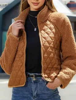 Discount Women's Fleece Jacket Warm Zipper Fashion Modern Casual Plain Work Daily Wear Zipper Short Stand Collar Loose Fit Long Sleeve Outerwear Black White Red Fall Winter Women Puffers & Parka