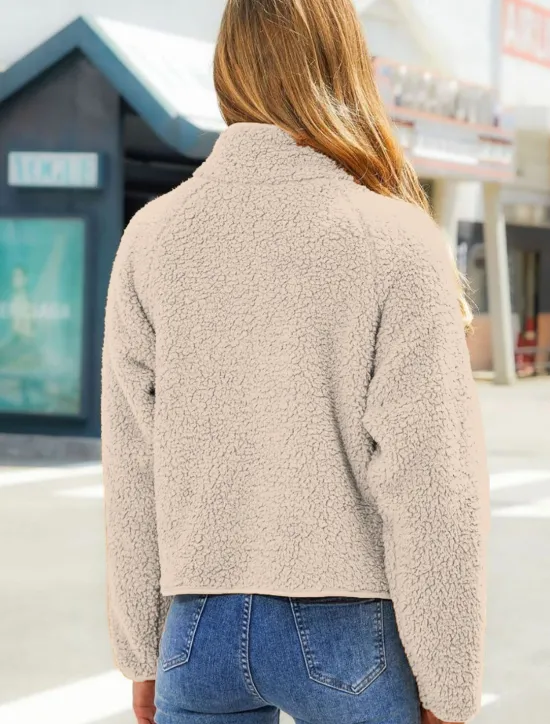 Discount Women's Fleece Jacket Warm Zipper Fashion Modern Casual Plain Work Daily Wear Zipper Short Stand Collar Loose Fit Long Sleeve Outerwear Black White Red Fall Winter Women Puffers & Parka