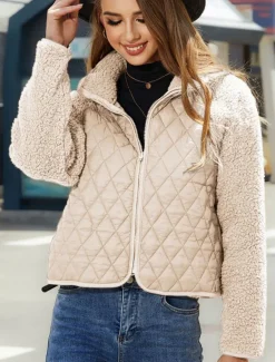 Discount Women's Fleece Jacket Warm Zipper Fashion Modern Casual Plain Work Daily Wear Zipper Short Stand Collar Loose Fit Long Sleeve Outerwear Black White Red Fall Winter Women Puffers & Parka