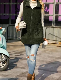 Outlet Women's Fleece Vest Teddy Coat Warm Breathable Zipper Pocket Fleece Lined Casual Plain Vacation Street Daily Wear Going out Zipper Regular Hoodie Regular Fit Sleeveless Outerwear Fall Women Vest