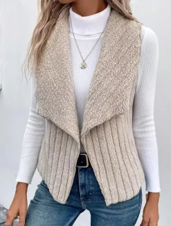 Online Women's Fleece Vest Warm Breathable Fleece Lined Casual Plain Vacation Street Daily Wear Going out Open Front Regular Turndown Regular Fit Sleeveless Outerwear White Khaki Gray Fall Winter Women Vest