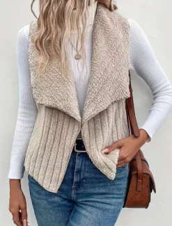 Online Women's Fleece Vest Warm Breathable Fleece Lined Casual Plain Vacation Street Daily Wear Going out Open Front Regular Turndown Regular Fit Sleeveless Outerwear White Khaki Gray Fall Winter Women Vest