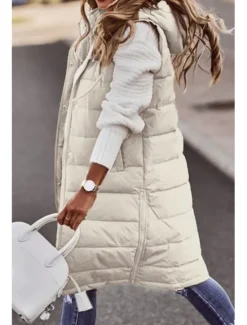 New Women's Fleece Vest Warm Pocket Fleece Lined Zipper Turndown Elegant Solid Color Loose Fit Outerwear Sleeveless Spring Fall White Khaki S M L XL 2XL Women Puffers & Parka