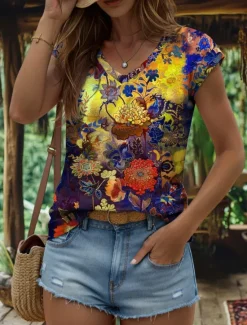 Clearance Women's Floral Camisole Tank Top Graphic Plants Vintage Stylish Classic Sleeveless Short Sleeve V Neck Regular Tops Daily Print Yellow Red Blue Purple Green Summer Spring Women Tank Tops & Camis|T-Shirts