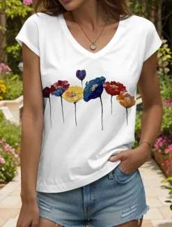 Discount Women's Floral Camisole Tank Top Vintage Stylish Classic Sleeveless Short Sleeve V Neck Regular Tops Daily Print Black White Yellow Pink Blue Summer Spring Women Tank Tops & Camis|T-Shirts