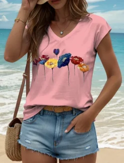 Discount Women's Floral Camisole Tank Top Vintage Stylish Classic Sleeveless Short Sleeve V Neck Regular Tops Daily Print Black White Yellow Pink Blue Summer Spring Women Tank Tops & Camis|T-Shirts