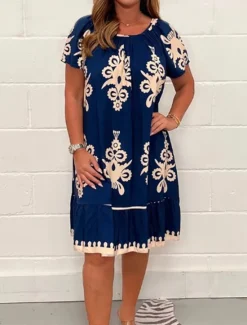 Outlet Women's Floral Crew Neck Mini Dress Short Sleeve Spring Fall Women Floral Dresses
