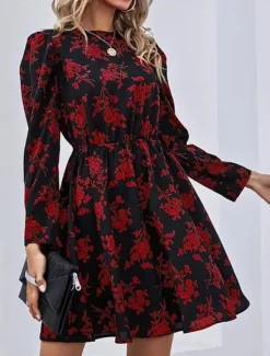 Hot Women's Floral Crew Neck Maxi Dress Long Sleeve Spring Fall Women Spring Dresses
