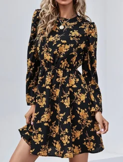Hot Women's Floral Crew Neck Maxi Dress Long Sleeve Spring Fall Women Spring Dresses