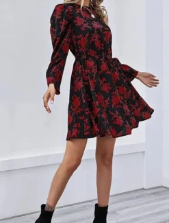 Hot Women's Floral Crew Neck Maxi Dress Long Sleeve Spring Fall Women Spring Dresses