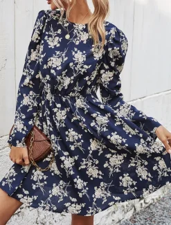 Hot Women's Floral Crew Neck Maxi Dress Long Sleeve Spring Fall Women Spring Dresses