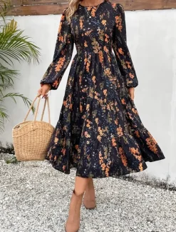 New Women's Floral Crew Neck Midi Dress Long Sleeve Summer Spring Women Floral Dresses