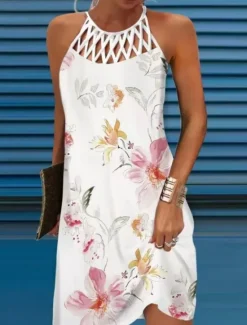 Hot Women's Floral Cut Out Print Halter Neck Mini Dress Daily Vacation Sleeveless Summer Spring Women Floral Dresses|Spring Dresses