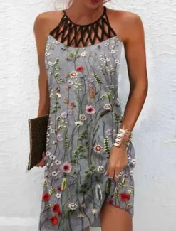 Hot Women's Floral Cut Out Print Halter Neck Mini Dress Daily Vacation Sleeveless Summer Spring Women Floral Dresses|Spring Dresses