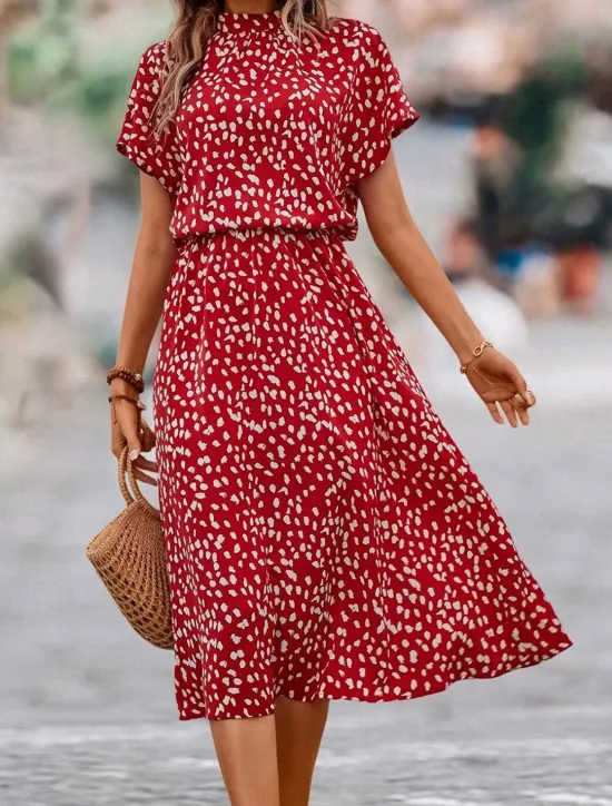 New Women's Floral Ditsy Floral Print Crew Neck Midi Dress Date Short Sleeve Summer Spring Women Floral Dresses|Spring Dresses