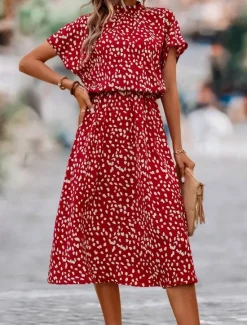 New Women's Floral Ditsy Floral Print Crew Neck Midi Dress Date Short Sleeve Summer Spring Women Floral Dresses|Spring Dresses