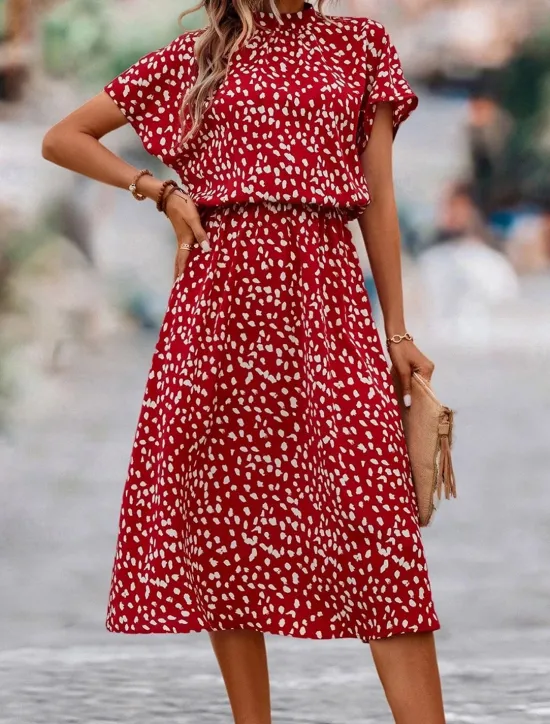 New Women's Floral Ditsy Floral Print Crew Neck Midi Dress Date Short Sleeve Summer Spring Women Floral Dresses|Spring Dresses