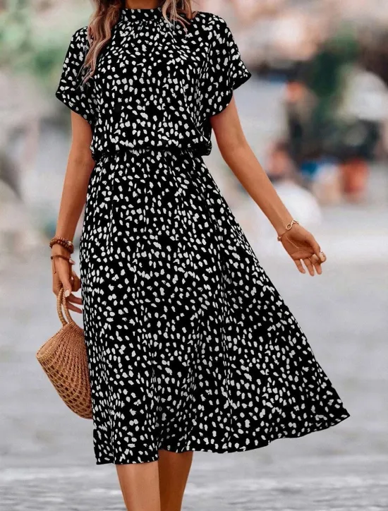 New Women's Floral Ditsy Floral Print Crew Neck Midi Dress Date Short Sleeve Summer Spring Women Floral Dresses|Spring Dresses