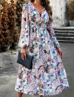 Discount Women's Floral Geometric Ruched Print V Neck Midi Dress Daily Vacation Long Sleeve Spring Fall Women Spring Dresses